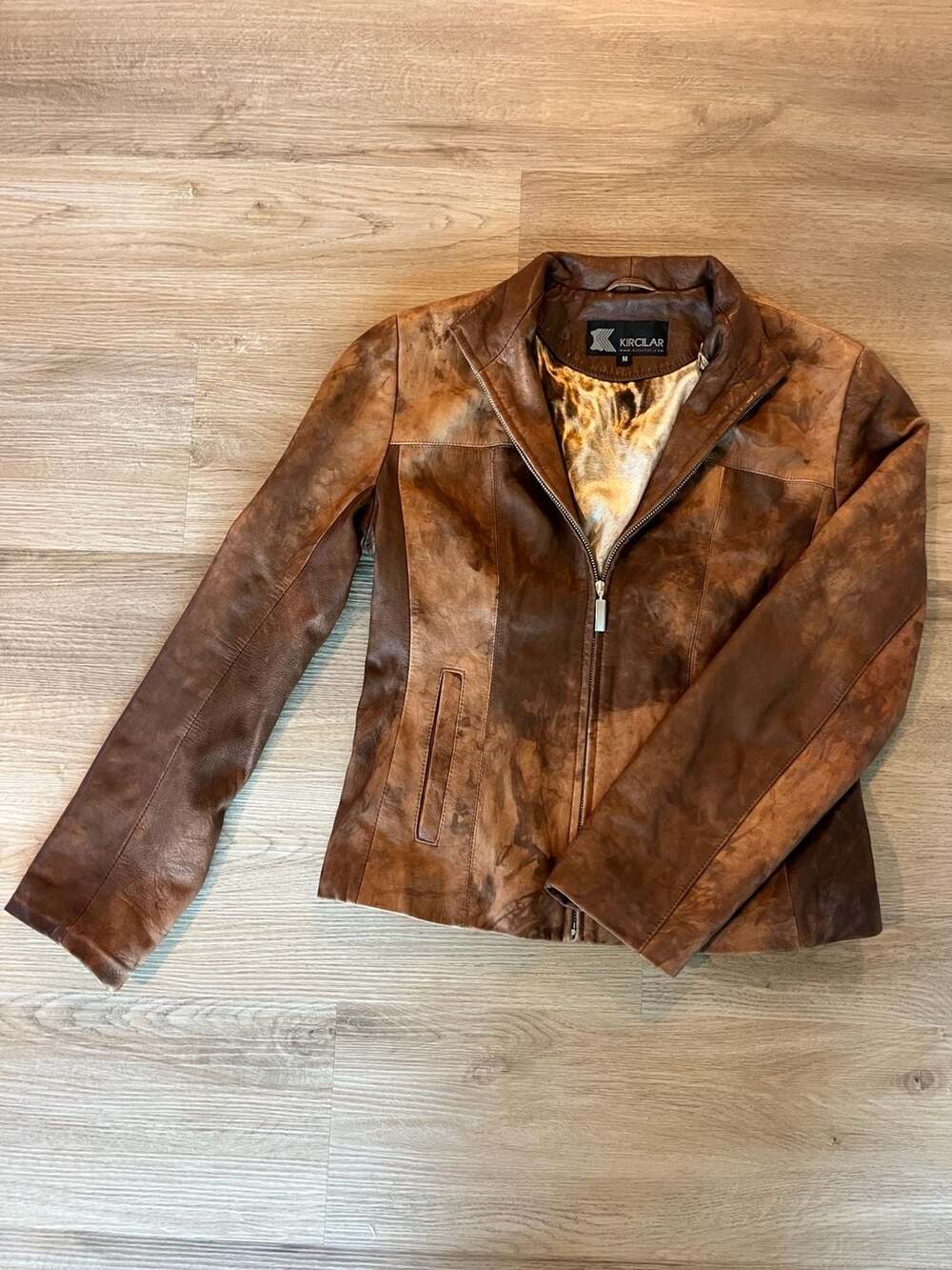 100% Genuine Distressed Leather Jacket, Boho, Edgy Satin Animal Print Lining, M